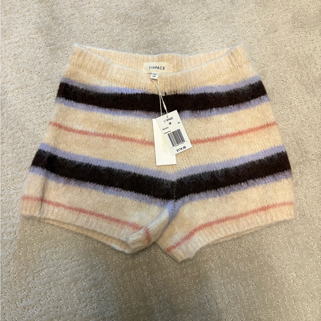L*Space High Waist Knit Shorts - Cream, Brown, Purple, Pink Stripes - Nwt